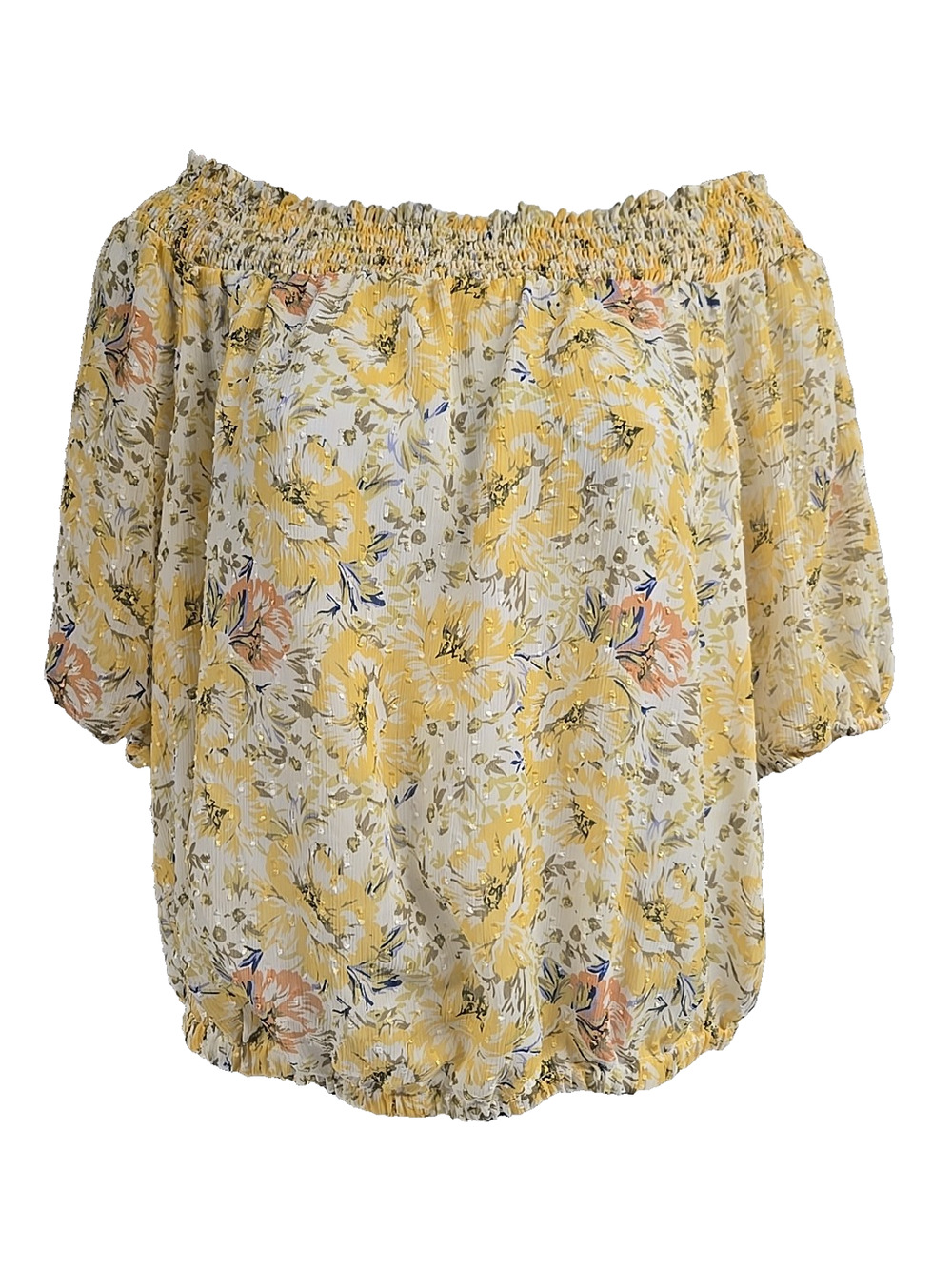 Joie Womens Blouse White Yellow Floral Half Sleeve Smocked Off Shoulder Size M
